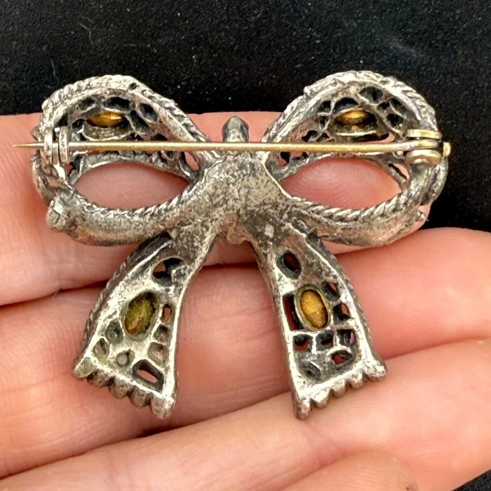 Vintage‎ Pot Metal Bow Brooch Pastel Fruit Salad Rhinestone READ